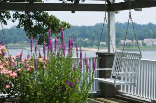 view of white porch swing with purple and pink flowers in the foreground and a lake in the background; overcoming writer's block