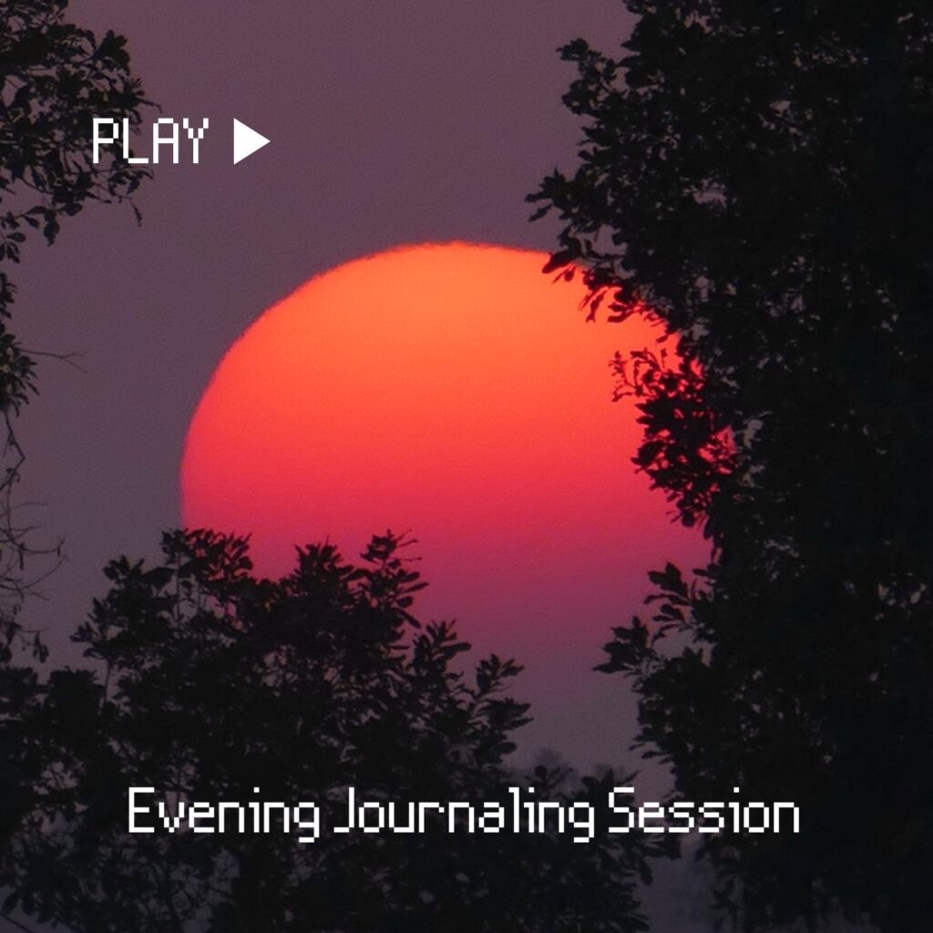 Image of large orange and purple sun setting into the horizon with trees in the foreground as shadows. Text reads "Play" in the upper left corner and at the bottom "Evening Journaling Session." Introducing Xulon Press Spotify Playlists.